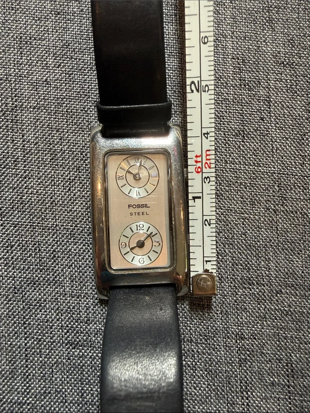 Fossil Steel dual-time tank watch Silver Case Watch with Black Leather Strap